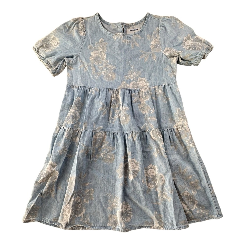 Old Navy Girls Chambray Tiered Dress‎ Size 8 Blue Floral Short Sleeve